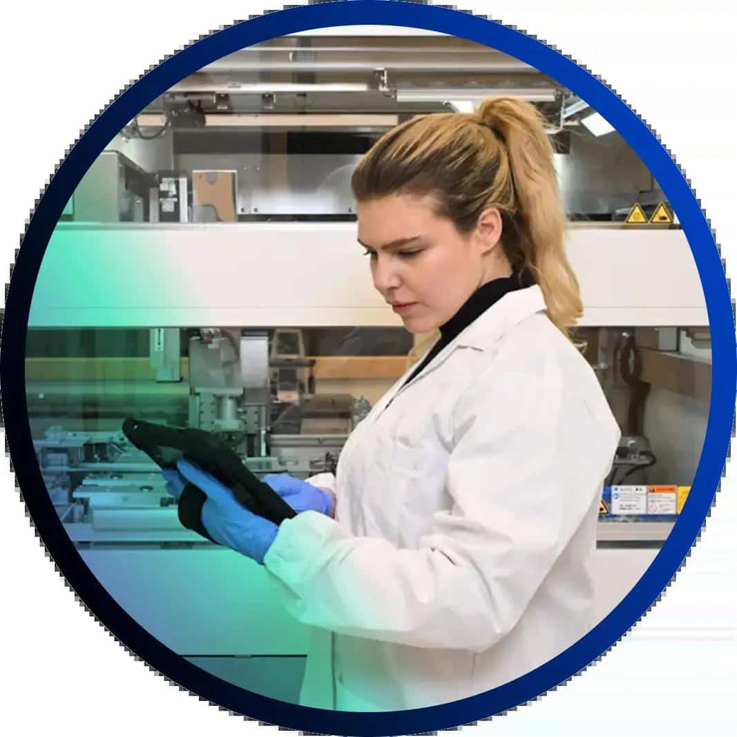 The NPi-11 automated cell culture system's interactive touchscreen interface mounted on the equipment.